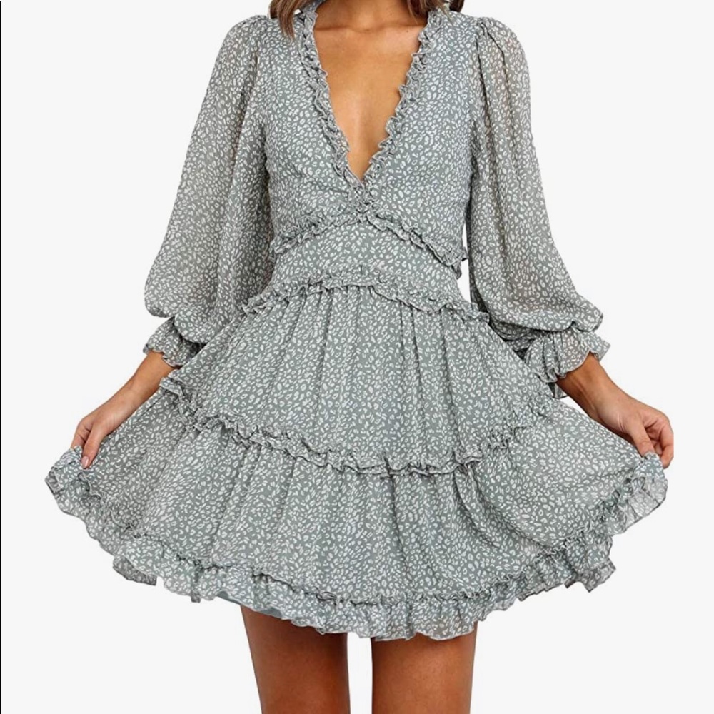 Ruffle long sleeve dress- blue-green